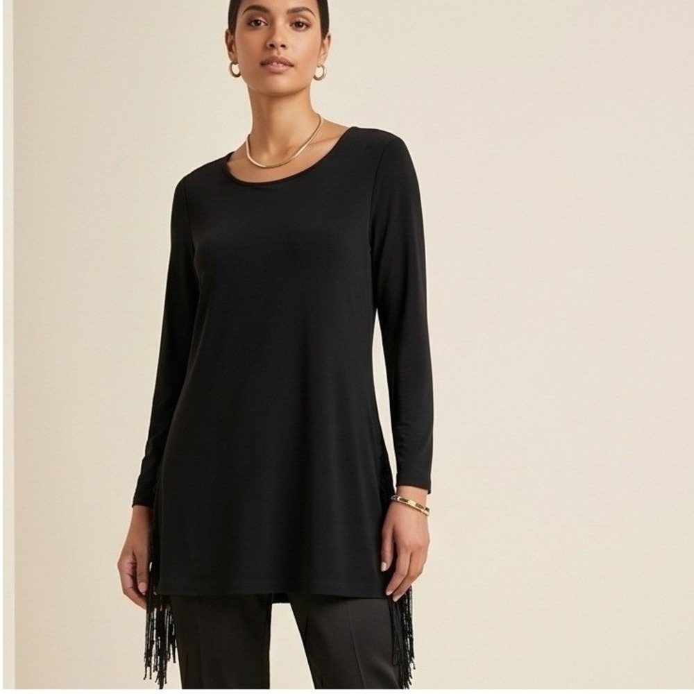 Chico's Travelers 2 Black Fringe Hem Long Sleeve Tunic Top‎ Large Liquid Flowy